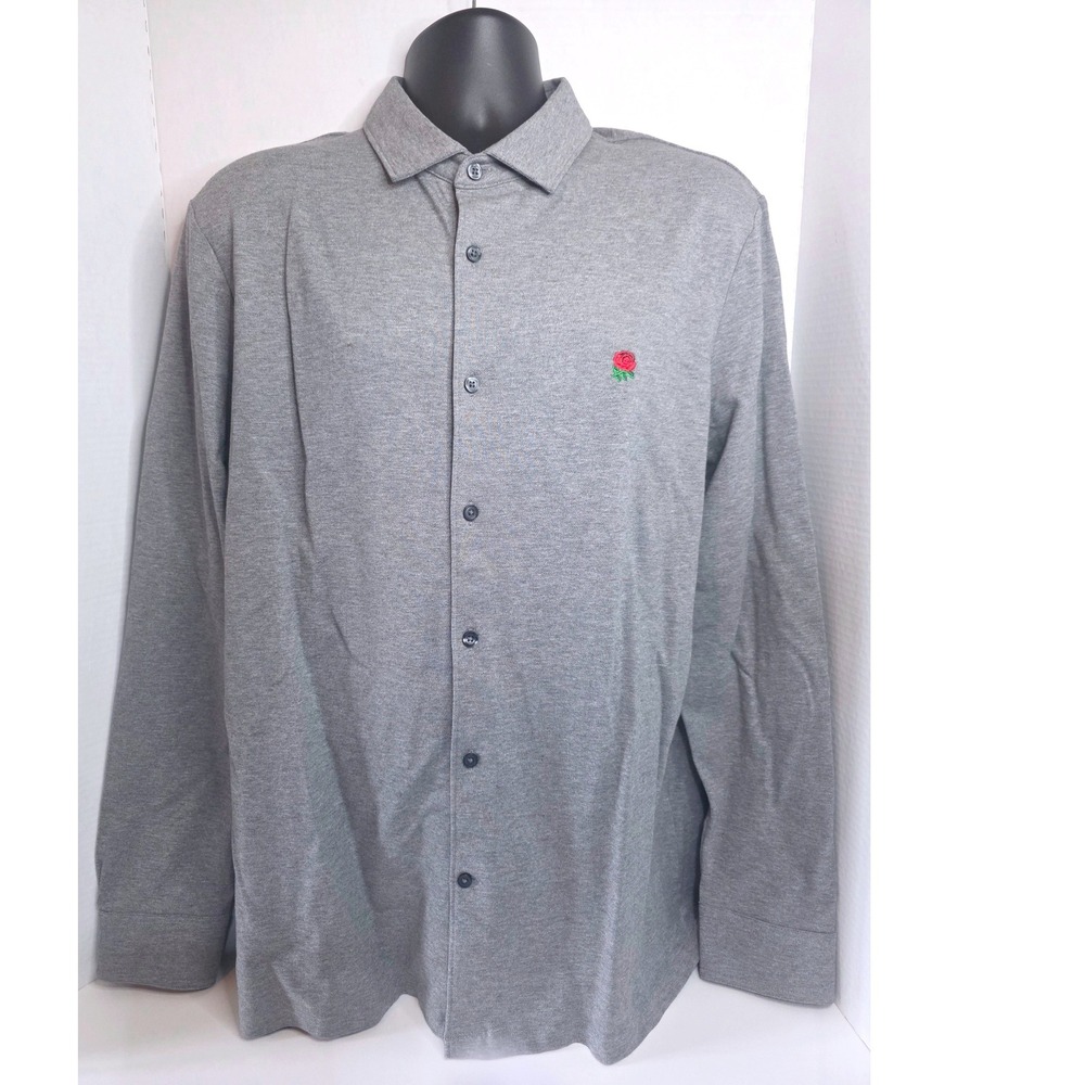 Charles Tyrwhitt England Rugby Grey Pique Knit Button Down Shirt Men's XL Rose